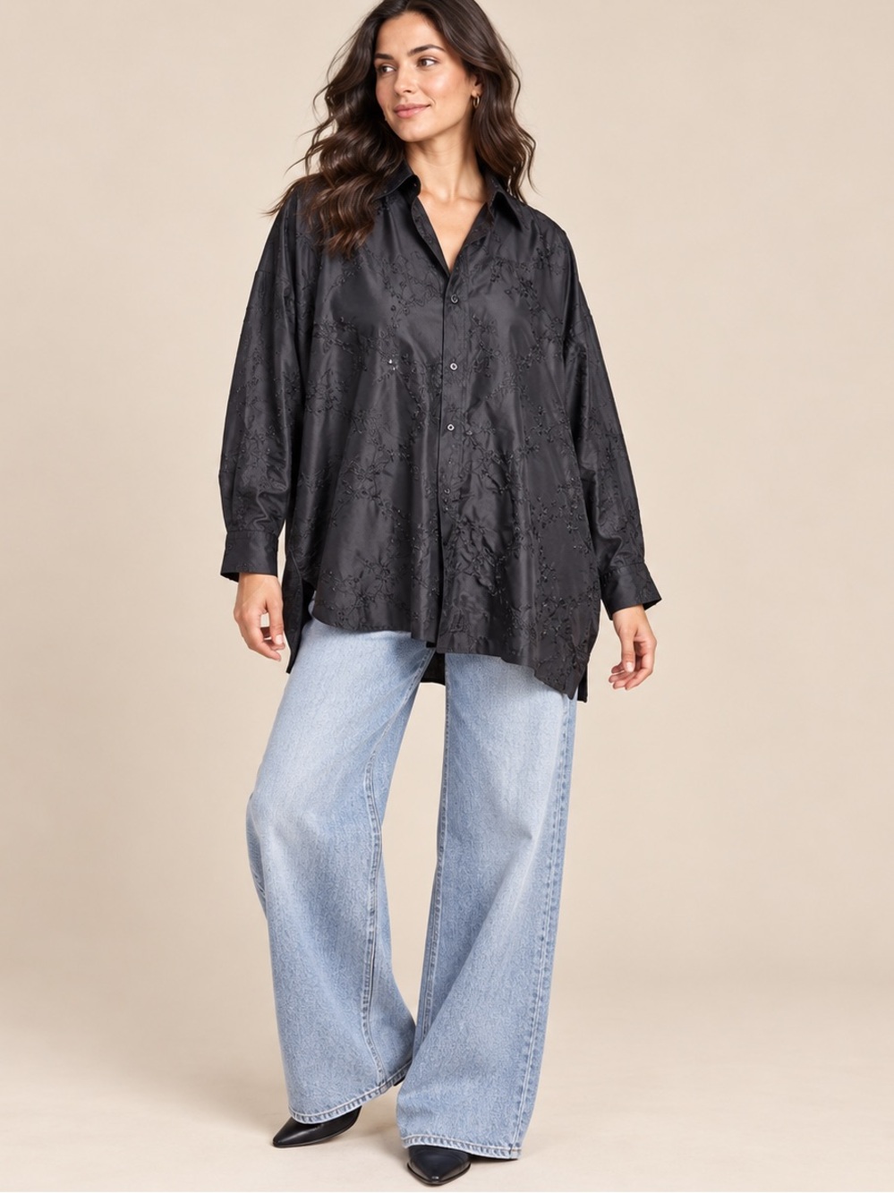 eskandar Black Embroidered 100% Silk Relaxed Shirt Size 1